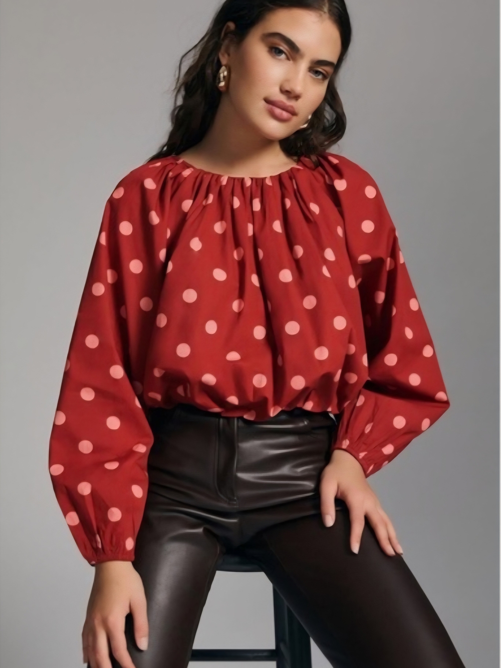 Anthropologie Red Polka Dot Smocked-Neck Blouse